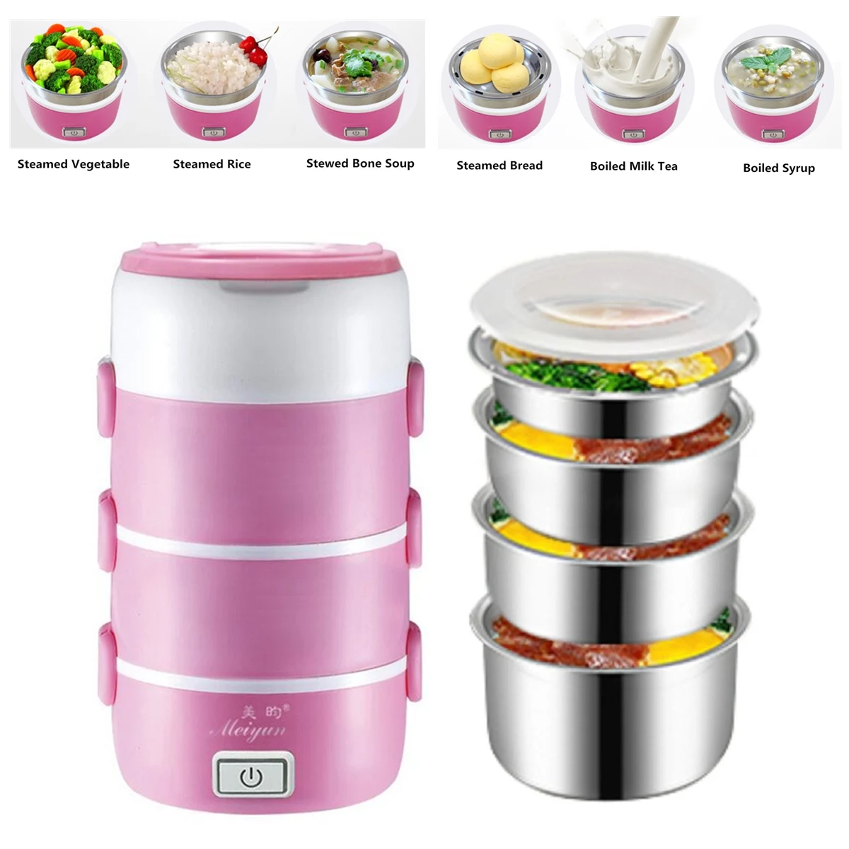 

Electric Food Heater Lunch Box Stainless Steel Inner Pot 220V Food Warmer Portable 4 Layers Lunch Box Heater Rice Containers