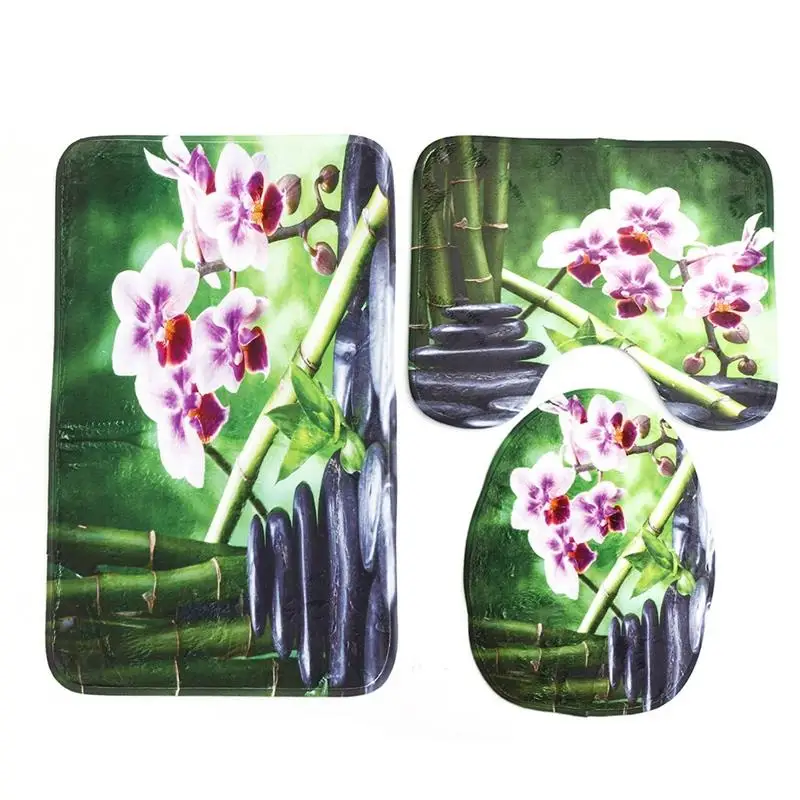 

3Pcs/Set Flower Print Non Slip Toilet Bathroom Pad Floor Mat Rug Carpet Absorbent Pedestal Rug Lid Toilet Cover Bath Mat