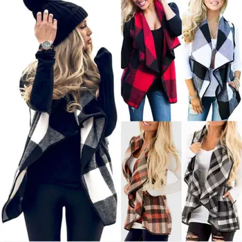 

Fashion Women's Irregular Plaid Knit Cardigan Sweater Casual Warm Loose Vest Jacket