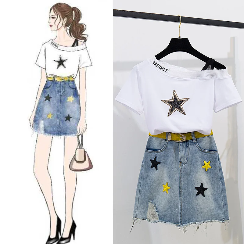 

women's summer wear new skirts star print sweatshirt T-shirt denim skirt two-piece clothing set casual suit vestidos girl