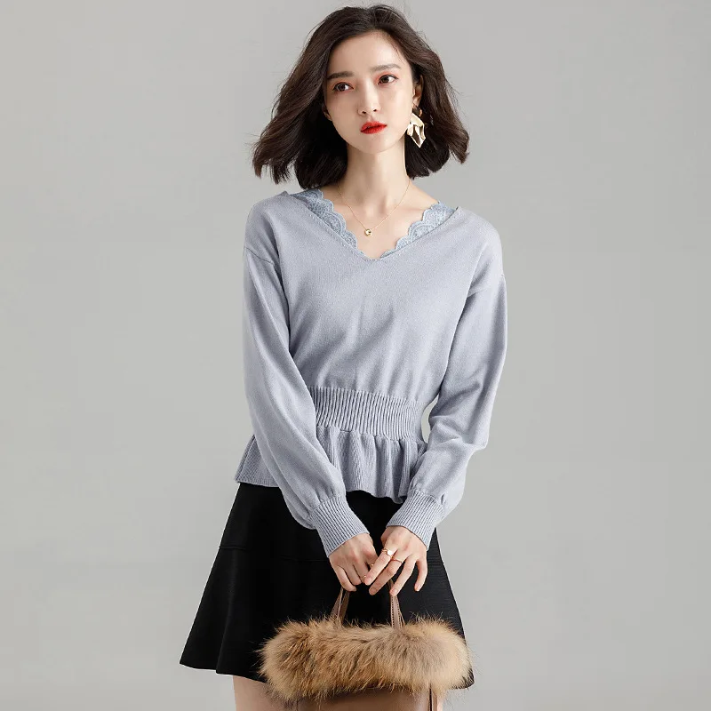  2018 new women's autumn v-neck sweater loose all-match bottoming sweater long-sleeved women's lantern sleeve sweater i6256