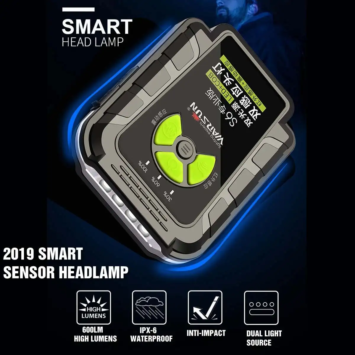 

3000lm Headlight LED + COB Head Light IR Motion/Shock Sensor Flashlight Torch Headlamp Fishing Lanterna Lamp Battery Indicator