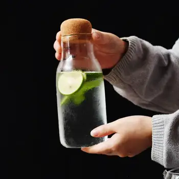 Creative Transparent Glass Water Juice Milk Bottle Clear Heat-resisting Milk Juice Water Glass Bottle with Wooden Stopper 3