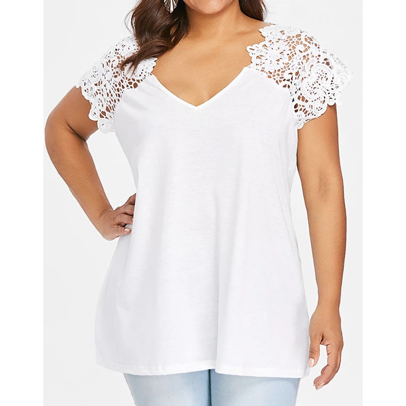 

Summer Casual V Neck Lace Patchwork Solid Loose Tops Women Short Sleeve Tops Ladies Women's Blouses Clothing Oversized 2019