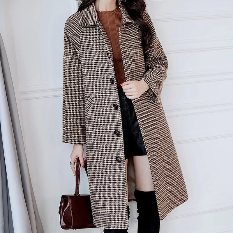 Loneyshow Woman Vintage Overcoat Autumn And Winter Plaid Double