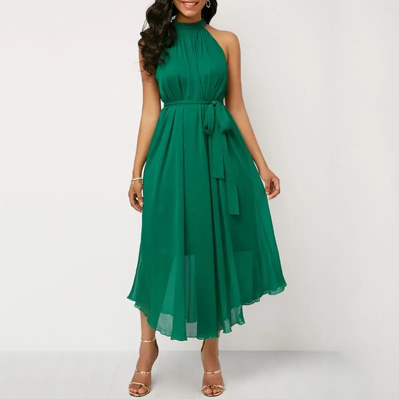 Шифоновое летнее платье без рукавов, большие размеры, женские сексуальные вечерние платья на бретелях с открытыми плечами, Элегантные зеленые романтические платья миди на шнуровке для женщин