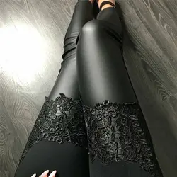Новые женские эластичные брюки с высокой талией из блестящей искусственной кожи узкие модные кружевные лоскутные леггинсы из