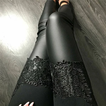 

New Womens Stretch High Waist Shiny PU Leather Pants Skinny Vogue Lace Patchwork Faux Leather Leggings Pencil Pants Slim Fit