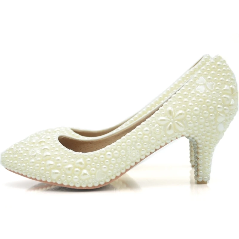

Ivory Pearl Med Heel Wedding Shoes Fashion Handmade Pointed Toe Bridal Dress Shoes Matching Wedding Dress Kitten Heel Shoes