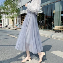 Новая весенняя женская юбка сетка; с высокой талией длинные плиссированные юбки с драпировкой розовый синий черный абрикосовый 9304