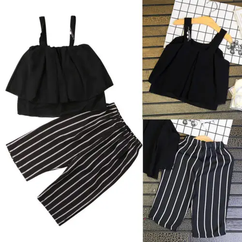 

2019 New US Kids Toddler Baby Girl Short Sleeve Off Shoulder Chiffon Top T-shirt+ Striped Long Pants Outfit Set 2PC Clothes 2-6T