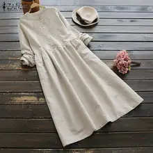 ZANZEA осеннее винтажное женское платье с длинным рукавом и пуговицами, хлопковое льняное платье, Повседневная Свободная Женская рабочая длинная рубашка