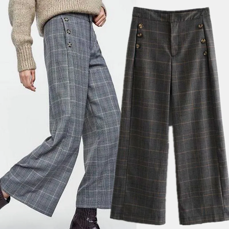 High Waist Plaid Culotte For Women Wide Leg Loose Check Pants 7901/267
