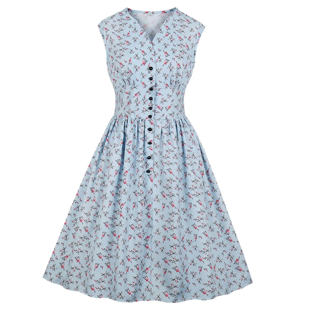 

Joineles Plus Size 4XL Floral Print Dress Elegant Style 60s Audrey Women Retro Vintage Dress V Neck Sleeveless Summer Vestidos