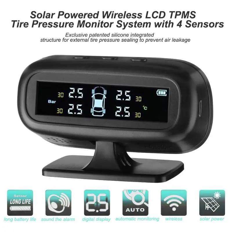 

TPMS Car Tire Pressure Alarm Monitor System External/Internal with 4 Sensors Temperature Warning Alarm Systems Solar Wireless
