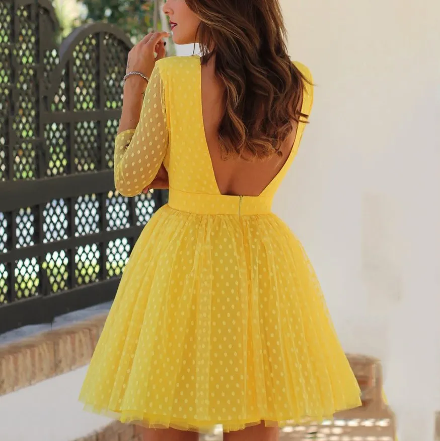 

Women Long Sleeve O Neck Mesh Dress 2019 Dots Backless Dress Women's Short Sexy Dresses