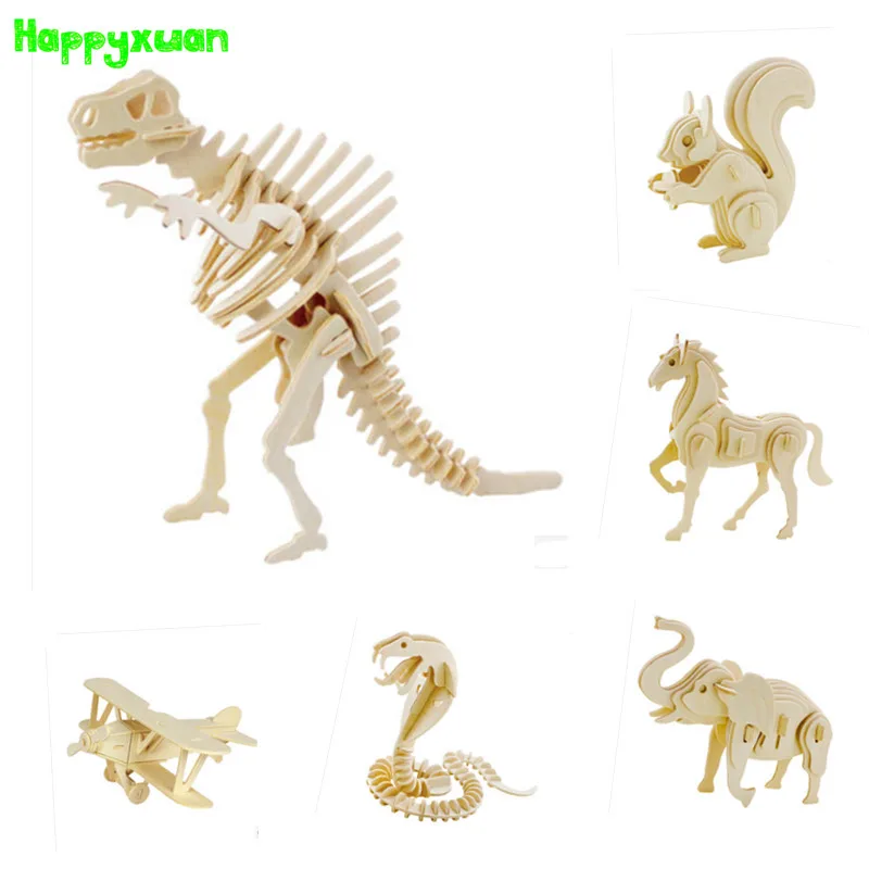 

Happyxuan DIY 3D Wood Puzzle Aircraft Dinosaurs Helicopter Snake Plane Animal Model Assemble Kids Creative Educational Toys