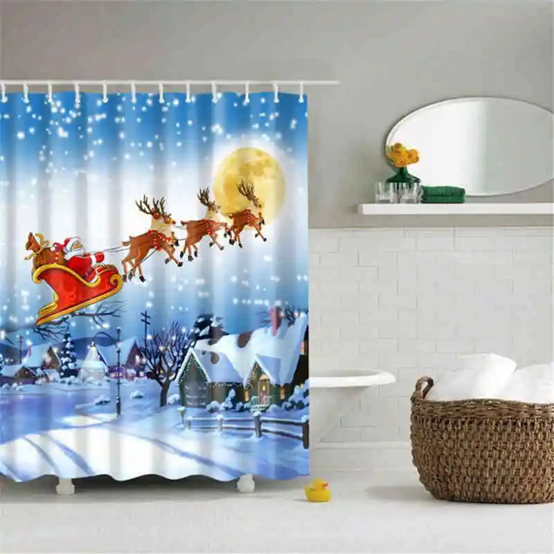 

Christmas Shower Curtain Bathroom Sleigh Tub Santa Polyester Waterproof 180cm