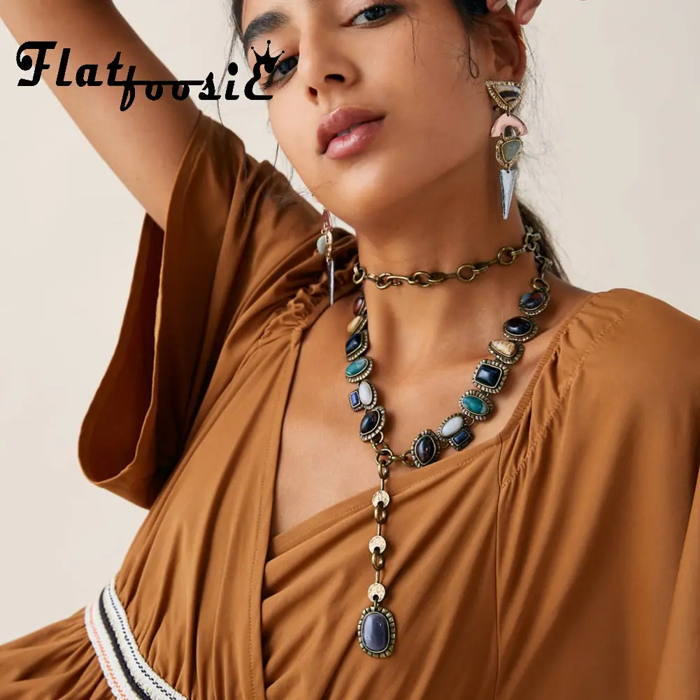 Flatfoosie Новое богемное женское ожерелье ZA Трендовое этническое длинное из натурального камня ожерелье-воротник подарок вечерние и свадебные