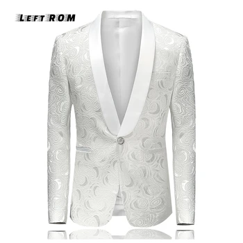 

White/Black Rose Jacquard Blazer Shawl Collar Wedding Suit Jacket for Men Luxury Slim Fit Blazer One Button Party Blazer M~5XL