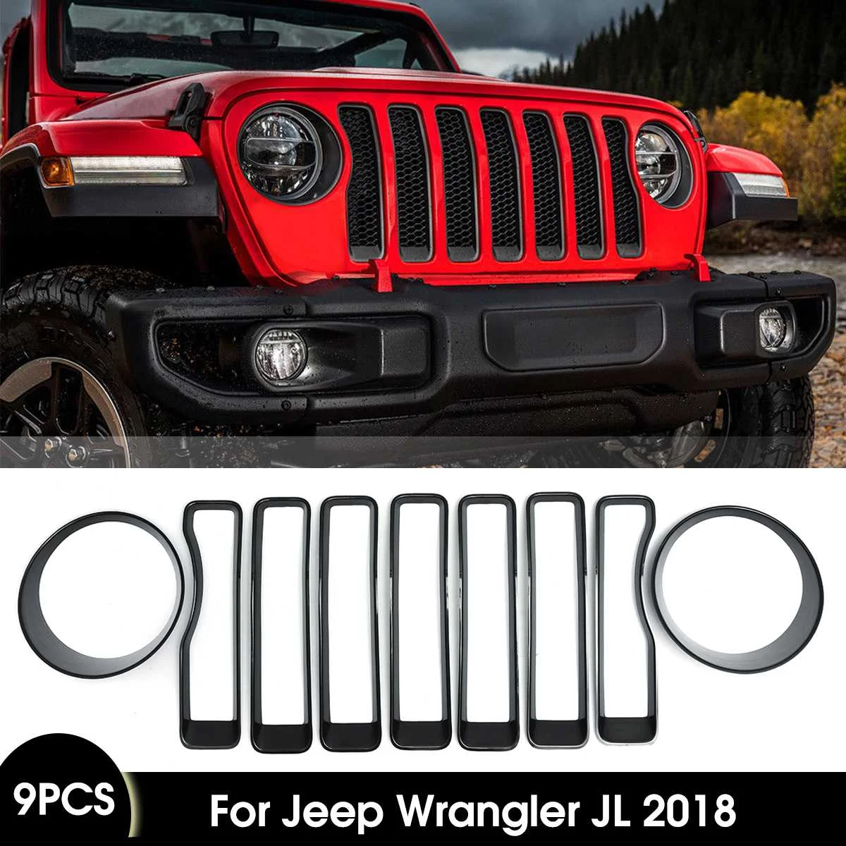 

9Pcs Black Front Grille Inserts + Headlight Cover Kit For Jeep for Wrangler JL 2018