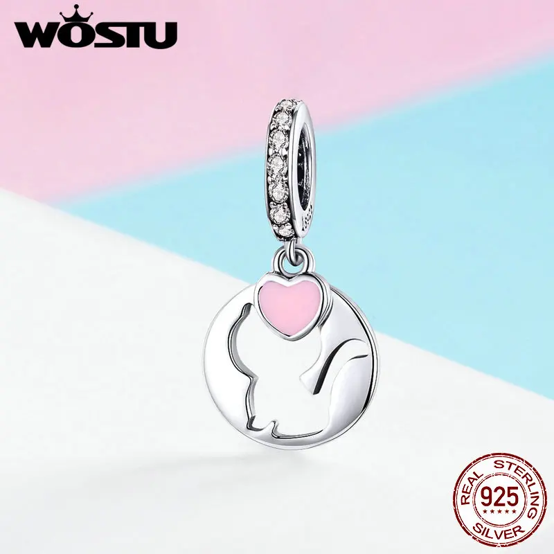 WOSTU 925 пробы, Серебряный Кот, Висячие Подвески, розовое сердце, CZ бисер, подходит для женщин, браслет, браслет, животные, подвески, ювелирные изделия CQC1140