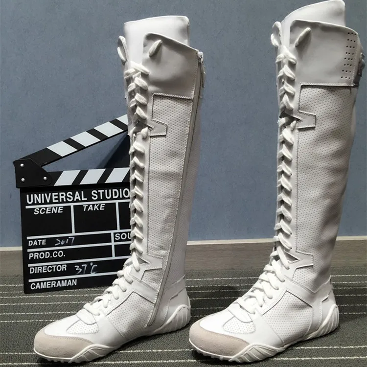 

botas mujer 2018 Leather Boots Shoes Woman Knight boots Round Toes Cross-Tied knee-High Sneakers Woman Boots zapatos de mujer