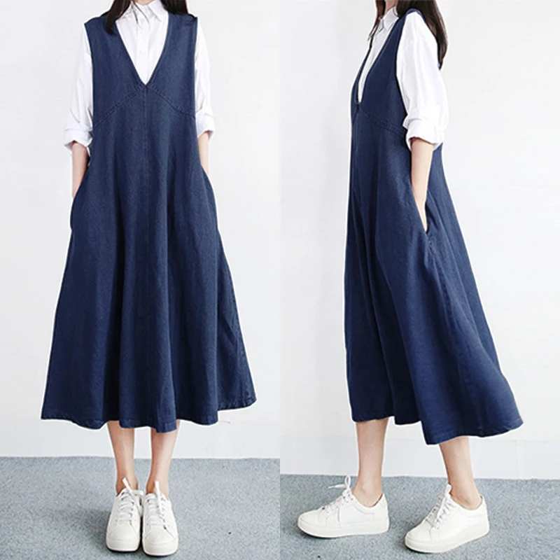 Women's Denim Sundress 2019 ZANZEA Female V Neck Summer Jeans Dress Ladies Sleeveless Tank Vestidos Casual Robe Femme Oversized