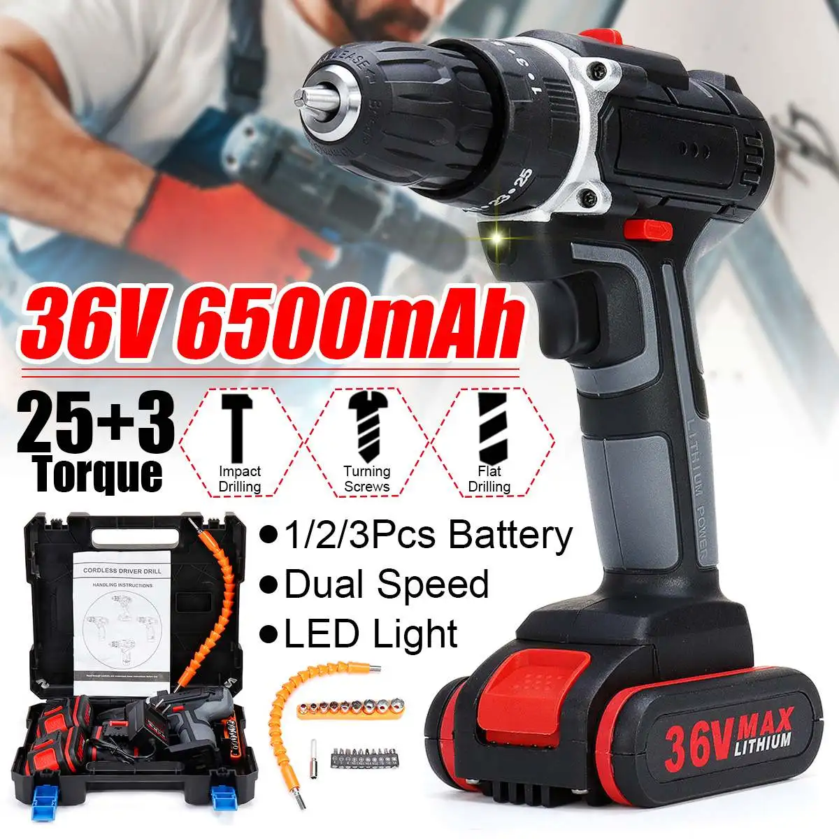 

1/2/3Pcs 36V 6500mAh Cordless Power Drill Electric Double-Speed Screwdriver Drills Kit With 1/2/3Pcs Li-ion Battery