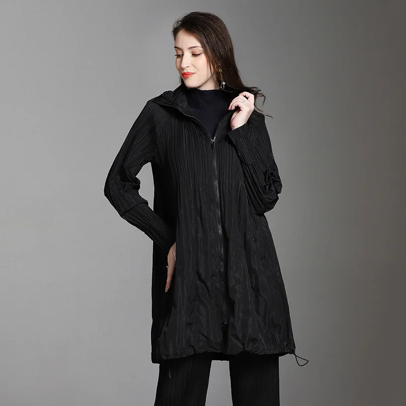 LANMREM Новое модное Плиссированное пальто на молнии с отложным воротником женский черный серый Тренч с длинным рукавом Vestido YF364