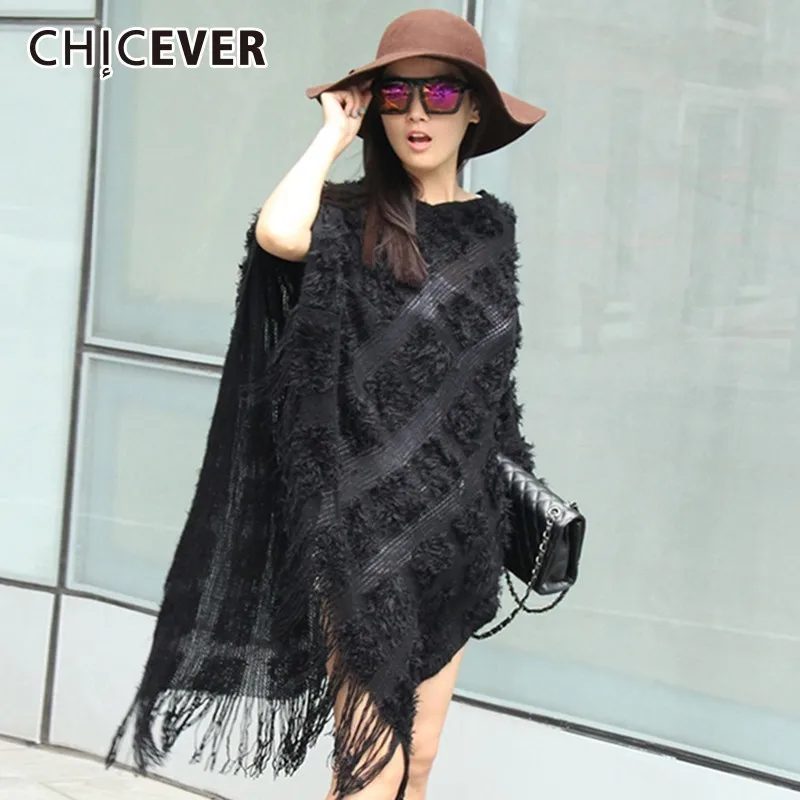 

CHICEVER Autumn Winter Knitted Sweater For Women O Neck Batwing Sleeve Hem Tassel Loose Pullovers Tops Female Fashion Clothes