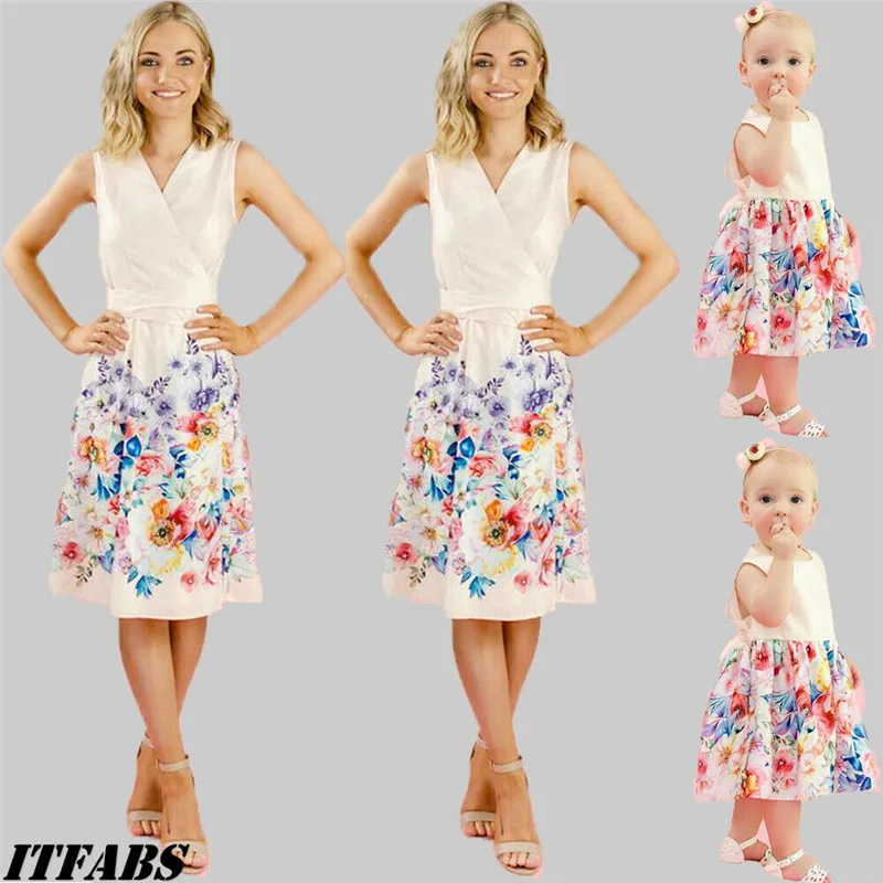 

Mommy And Me Family Matching Dress Mother Daughter Floral Print Sleeveless Holiday Dresses Summer Clothes