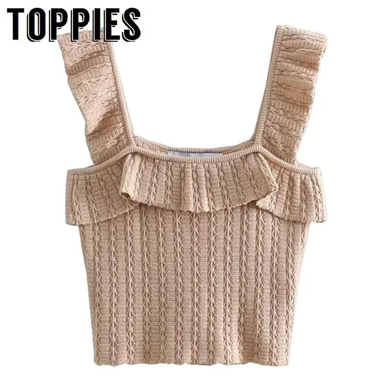 

2019 Summer Slim Knitting Camisoles Solid Color Ruffles Tops Sexy Vacation Beach Crop Tops
