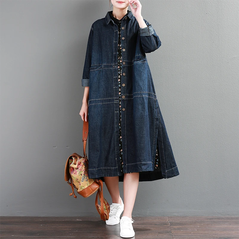 

[EWQ] New Spring Autumn 2019 Fashion Long Sleeve Lapel Single Breasted Patchwork Pockets Vintage Denim Windbreaker Women AA805