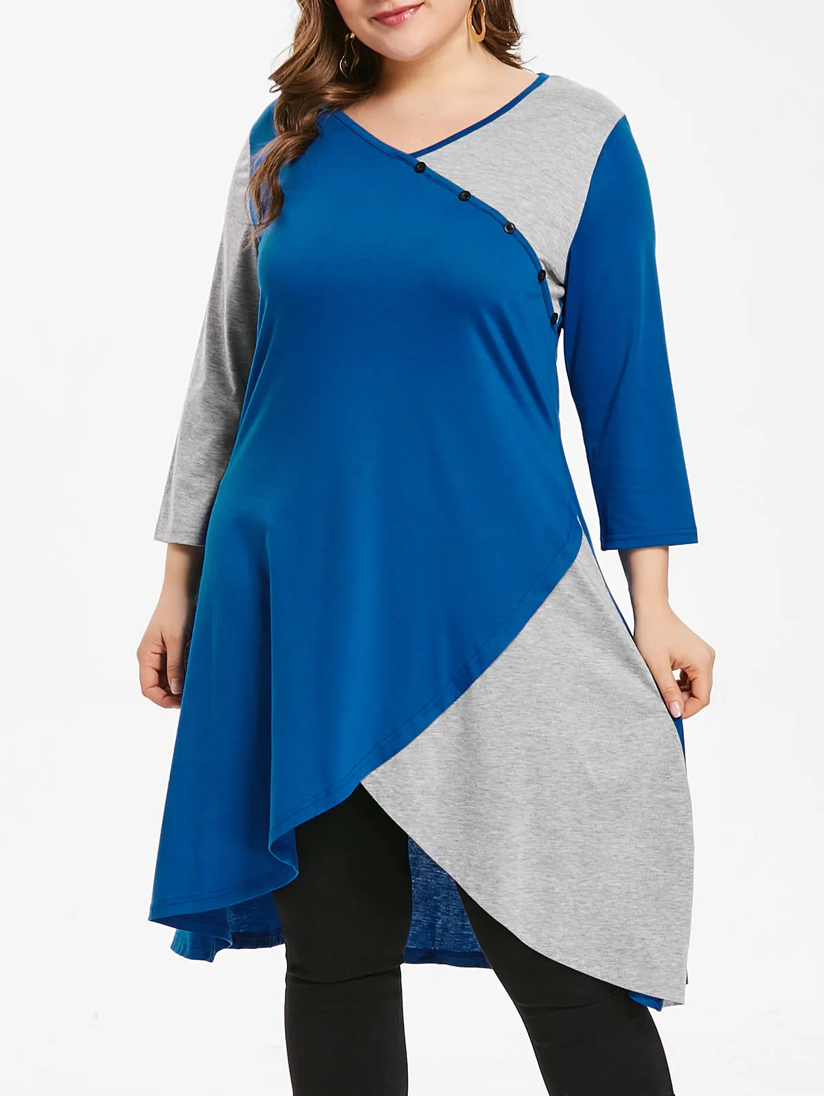 

Wipalo Asymmetric Plus Size Two Tone Long Sleeves Casual Sexy V Neck CottonT-Shirt Women Spring Casual Ladies Top 5XL