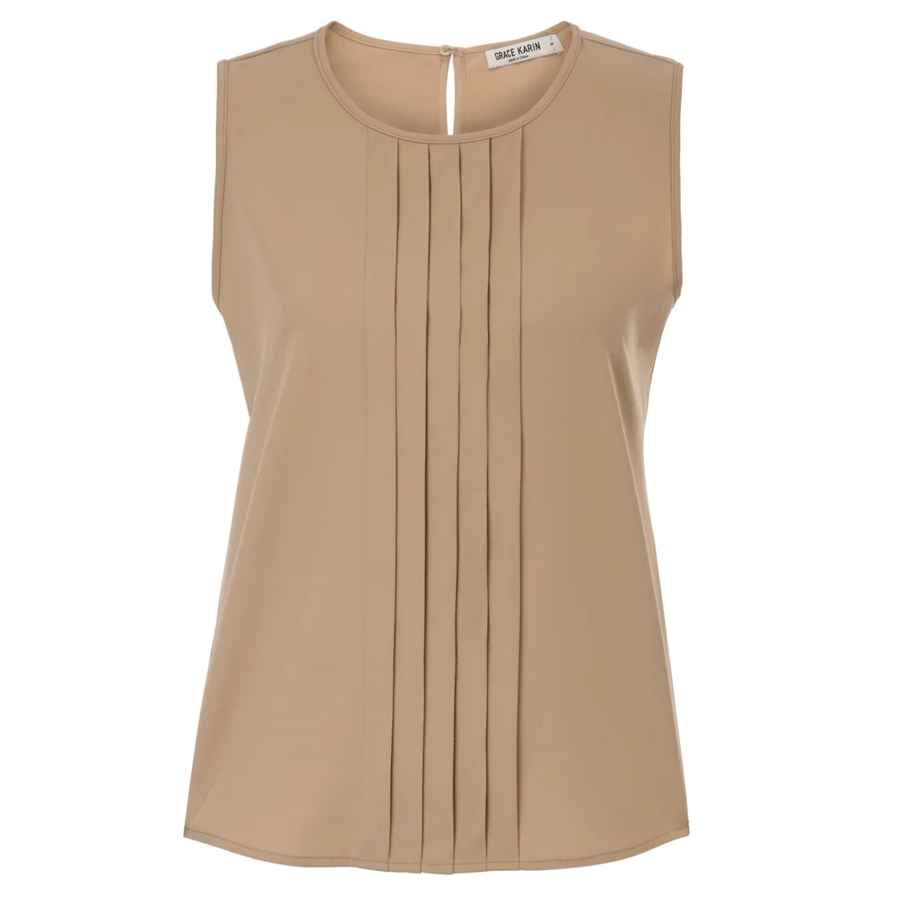 

GK Women's Summer shirts vintage ruched design solid color blouse Casual Sleeveless Crew Neck Pleated Panel Pullover Tops shirt