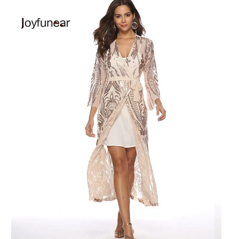 

Joyfunear 2019 New Long Sleeve Sashes Maxi Sequin Dress Women Transparent High Split Sexy Dresses Clubwear Party Dress Vestidos