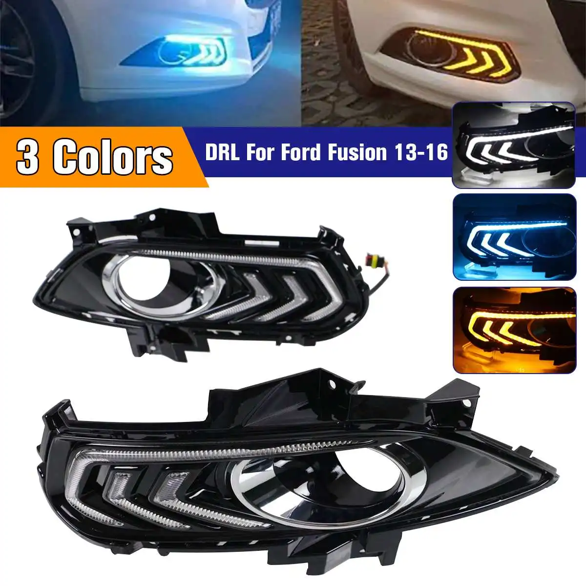 

1 Set DRL Daytime Running Lights For Ford for Mondeo Fusion 2013-2016 Fog Lamp Cover With Yellow Turn Signal Night Blue