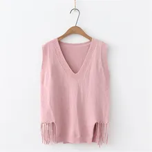 Осенне-зимний свитер Кардиган M L, вязаный Корейский жилет с кисточками, свободные свитера без рукавов с v-образным вырезом