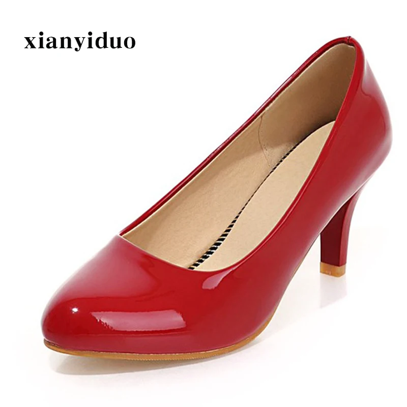 

Xianyiduo 2019 Spring Women's Shoes dress round Toe high heel thin Pumps big size 40-44 office red black White Shallow /m6
