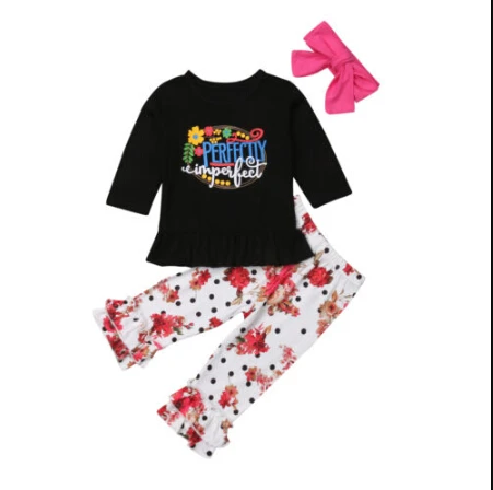 3Pcs Set Baby Girl Autumn Spring Clothes Letter Print Long Sleeve T-shirt Top+Long Floral Dots Pant+Headband Fashion Toddler New | Мать и