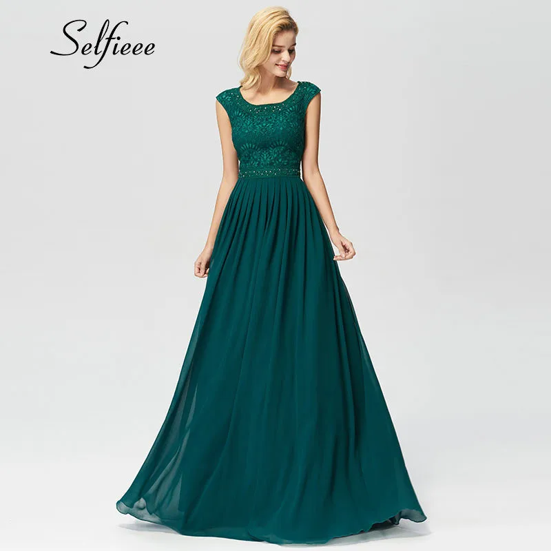 

Dark Green Beaded Long Chiffon Dress Women New Arrival Elegant A Line O Neck Sleeveless Appliques Lace Party Formal Dress Maxi