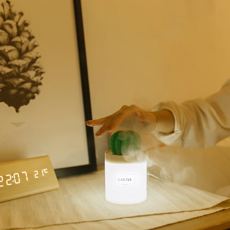 

280ml USB Cactus Humidifier Ultrasonic Timing Mist Maker Mute Fine Mist Mini Atomizer With LED Night Light Creative for Home