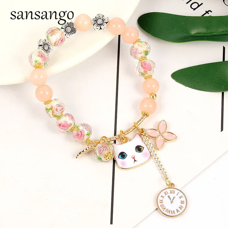 

Trendy Pink Flower Natural Stone Beaded Bracelet With Cute Cat Clock Flower Charms Elastic Bracelet For Women Girls Jewelry Gift