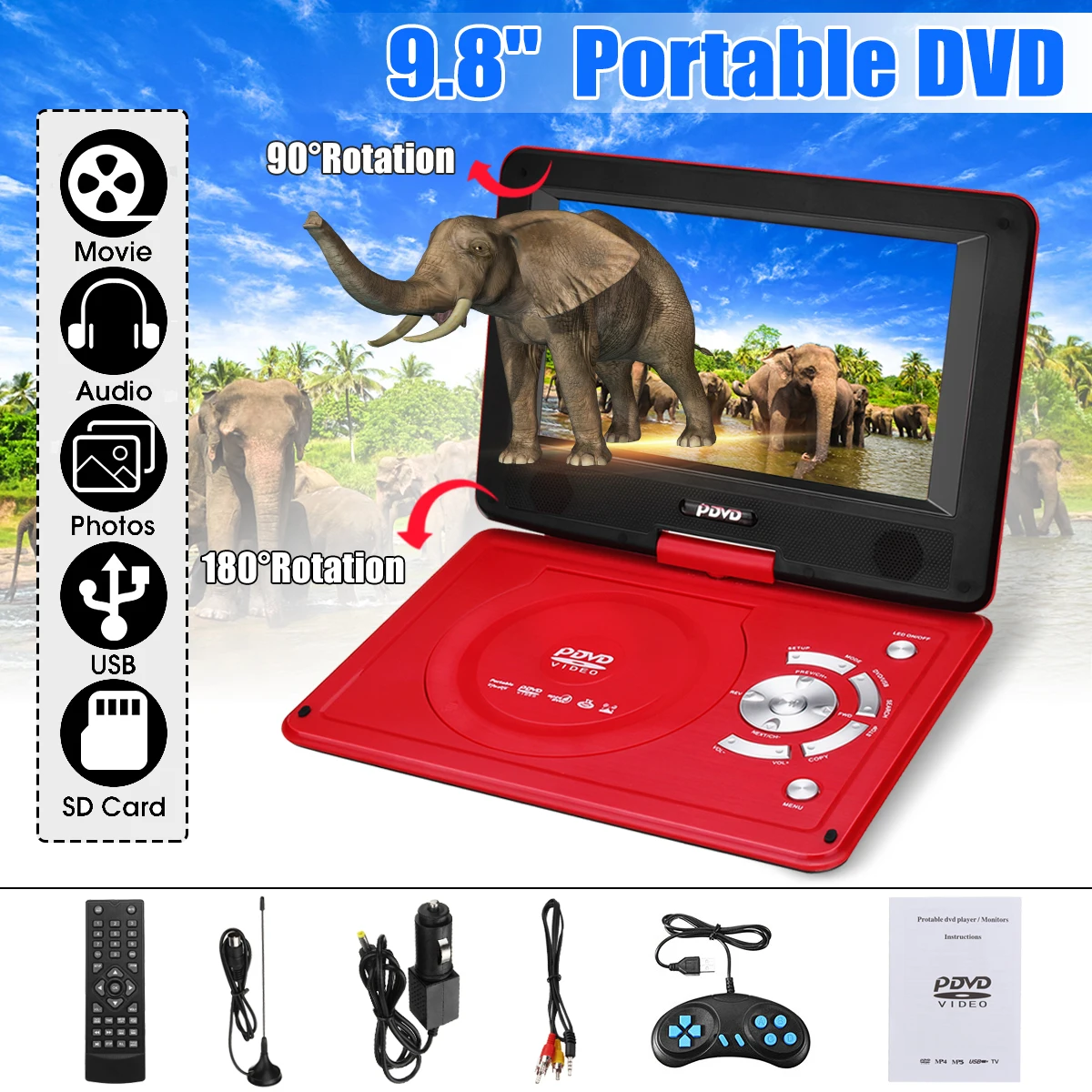 

Portable Car DVD Player 9.8" DVD Player Game Video Control Rechargeable 270 Degree Rotation With Game FM Radio TV AV Car Charger