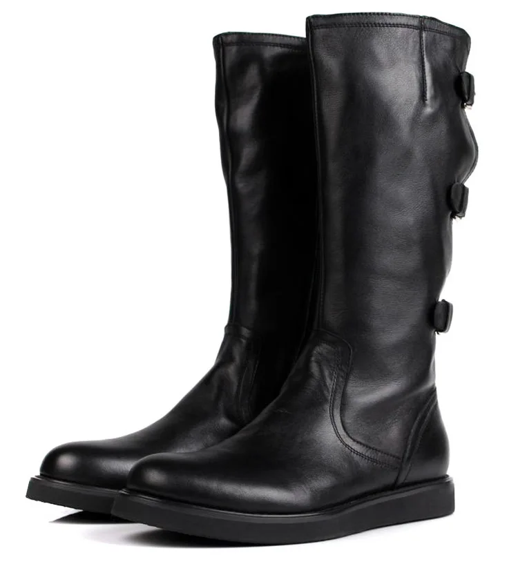 

Large Size EUR45 Fashion Knee High Black Mens Boots Motorcycle Boots Genuine Leather Mens Winter Boots With Buckle