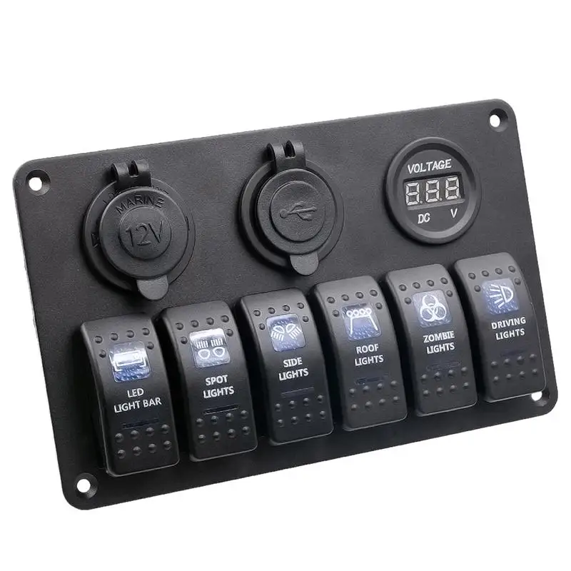 

6 Gang Rocker Switch Panel with USB Port Digital Voltmeter 12V Power Socket Blue Light Indicator Cigarette Lighter