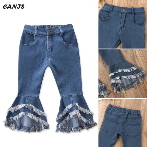 Модные детские брюки-клёш брюки джинсы для девочек длинные штаны для детей ясельного возраста джинсовые шорты с оборками расклешённые брюки-Слаксы