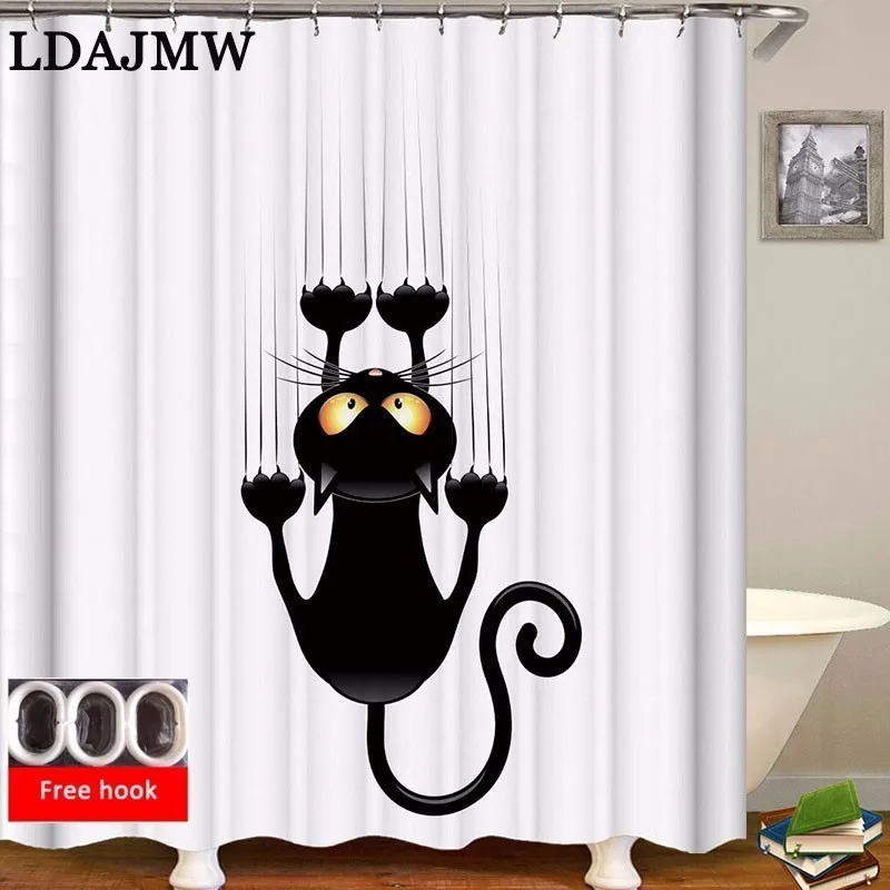 

LDAJMW Cartoon Black Cat Bathtub Waterproof Curtain 3D Polyester Fabric Shower Children's Curtain With Hook Anti-mold Decoration