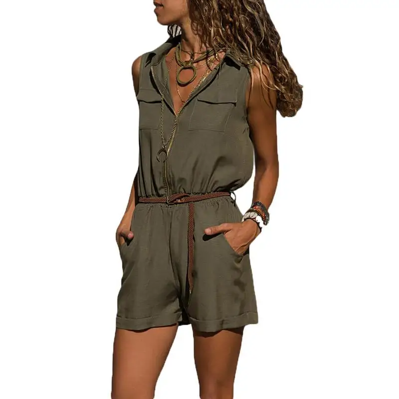 Zippered Casual Short Loose Jumpsuits Ladies Pockets Design Fashion Solid Color Sleeveless Turn-down Collar Jumpsuit For Women Zippered Casual Short Loose Jumpsuits Ladies Pockets Design Fashion Solid Color Sleeveless Turn-down Collar Jumpsuit For Women